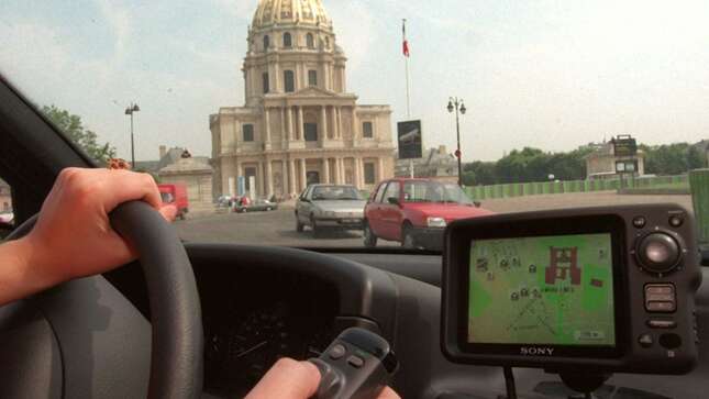 The electronic map of the streets and monuments in the car’s area appear on a mobile color computer monitor on the dashboard of the vehicle in Paris Wednesday July 10, 1996 as Michelin in partnership with Sony developed a locating mechanism for the car working off a small GPS antenna.
