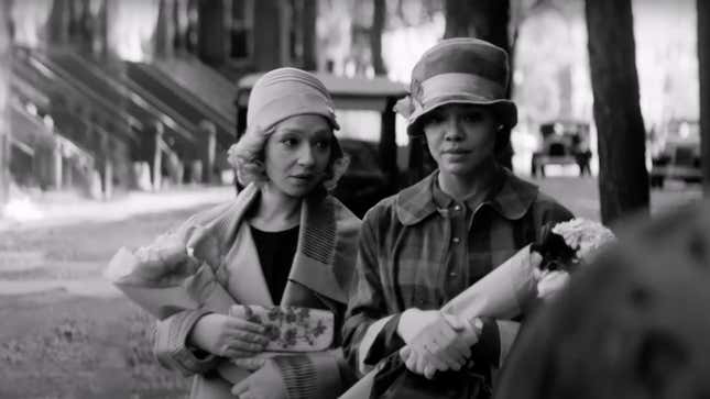 Ruth Negga, left, as Clare Kendry and Tessa Thompson as Irene Renfield in Passing.