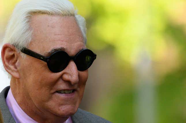 Roger Stone out here looking like a villain in an overseas Parody of “Harry Potter and the Unfit President.” 