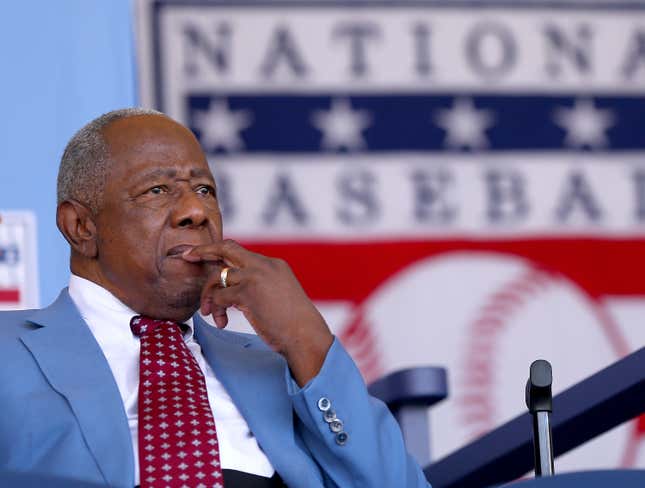 Hank Aaron attends the Hall of Fame Induction Ceremony at National Baseball Hall of Fame on July 26, 2015 in Cooperstown, New York. Craig Biggio, Pedro Martinez,Randy Johnson and John Smoltz were inducted in this year’s class. 