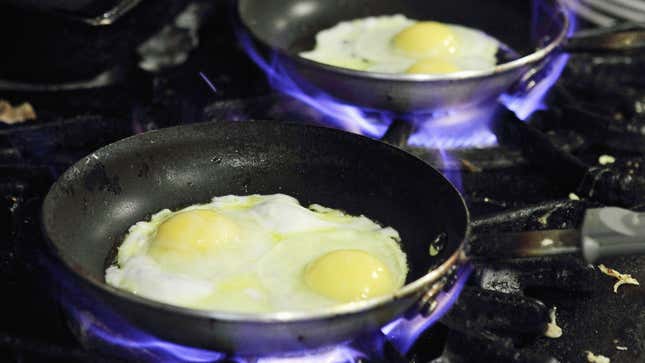 Eggs cooking in a nonstick pan, with a side of endocrine disruption.