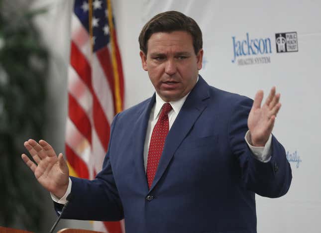 Florida Gov. Ron DeSantis speaks at a new conference on the surge in coronavirus cases in the state held at the Jackson Memorial Hospital on July 13, 2020 in Miami, Florida. 