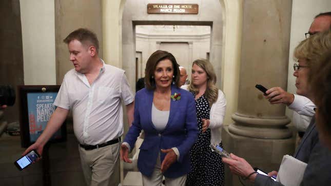 House Speaker Nancy Pelosi (D-Calif.) walks out of her office after a meeting with Rep. Alexandria Ocasio-Cortez (D-N.Y.), on Capitol Hill July 26, 2019. 