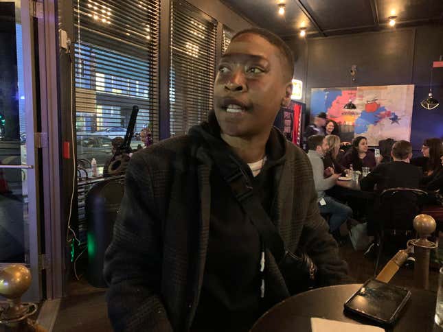 Chaney Turner discussing how presidential candidates’ platforms on weed justice informed their vote during an interview with The Root in downtown Oakland on March 2, 2020. 