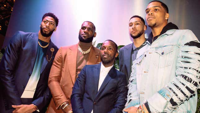 Klutch Sports Group head Rich Paul (center) is joined by (left to right) Anthony Davis, LeBron James, Ben Simmons and Miles Bridges during All-Star Weekend Feb. 19, 2019, in Charlotte, N.C.