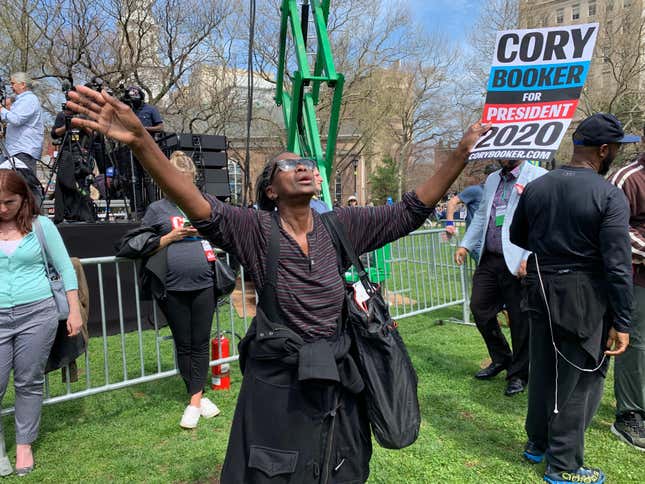 Dorothy Raines, of Newark, reacting to stage music as she waits for U.S. Senator and presidential candidate Cory Booker to take the stage for his hometown presidential campaign celebration on April 13, 2019. 