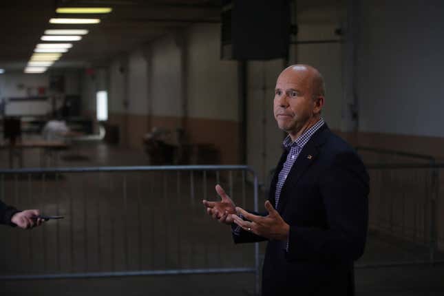 Democratic presidential candidate former Maryland congressman John Delaney speaks to the press.