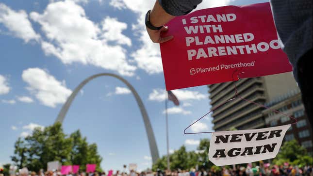 Abortion-rights supporters rally in support of reproductive rights May 30, 2019, in St. Louis. A St. Louis judge issued a restraining order May 31, 2019, prohibiting the state from allowing the license for Missouri’s only abortion clinic to lapse.