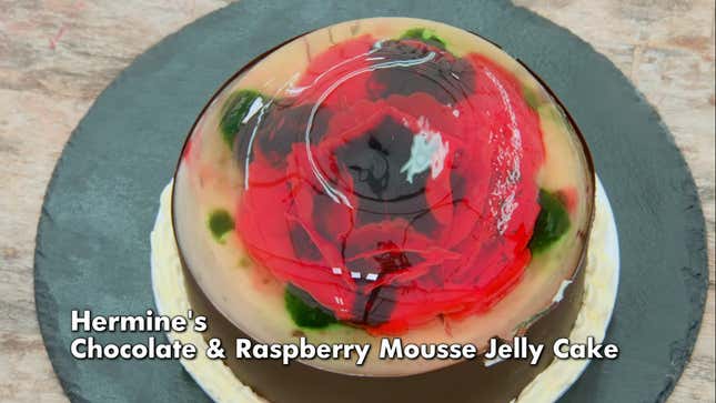 Hermine's chocolate and raspberry mousse jelly cake decorated as a poppy flower