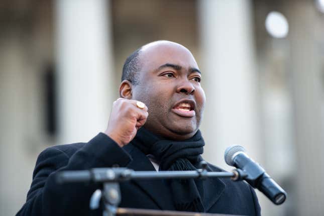 U.S. Senate candidate Jaime Harrison speaks to the crowd during the King Day celebration at the Dome March on January 20, 2020, in Columbia, S.C. 