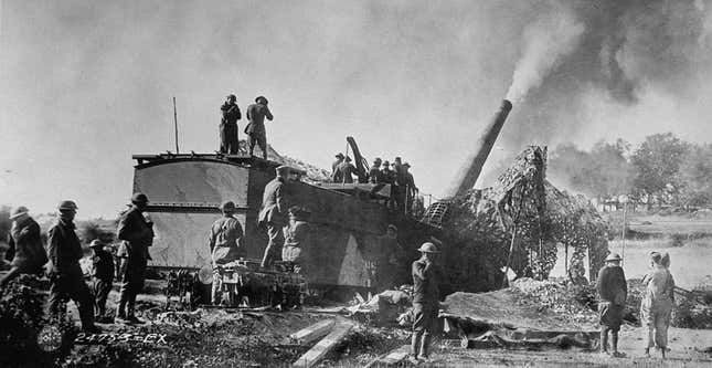 American troops of the 35th Coast Artillery firing 1,200 pound shells from an enormous 14 inch railway mounted gun at the opening of the Meuse-Argonne Offensive during World War I.