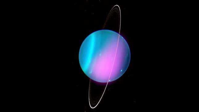 Composite image of Uranus, composed of an X-ray image taken by Chandra (shown in pink) and an optical image taken by the Keck-I Telescope. 