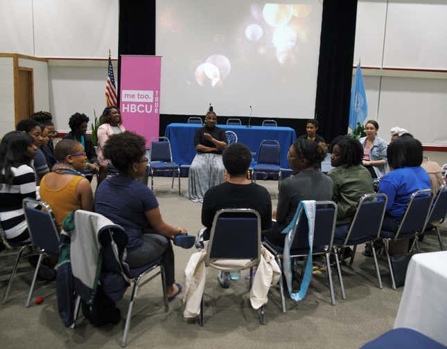 Activist and Me Too founder Tarana Burke sits in the center of the safe circle gathering of campus activists at the Woodruff Library at the Atlanta University Center in Atlanta on April 9.