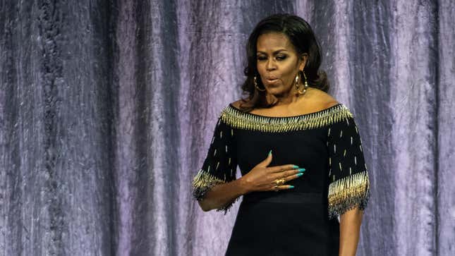 Michelle Obama on stage as part of her “Becoming: An Intimate Conversation With Michelle Obama” tour on April 14, 2019, in London, England.