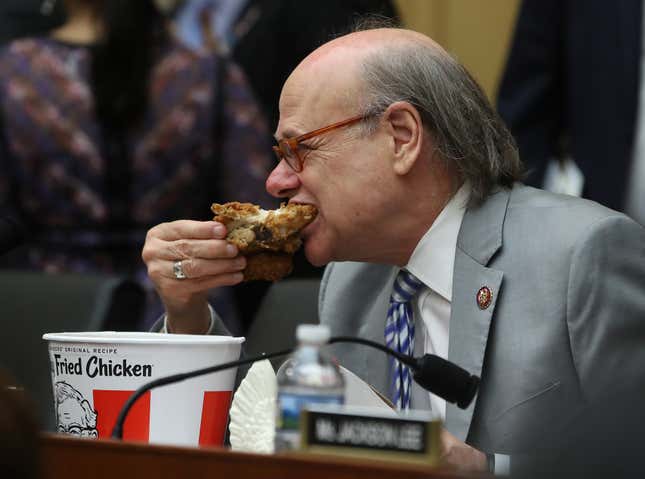 Rep. Steve Cohen (D-TN) takes a bite of chicken after Attorney General William Barr was a no show for a House Judiciary Committee hearing on Capitol Hill May 2, 2019 in Washington, DC.