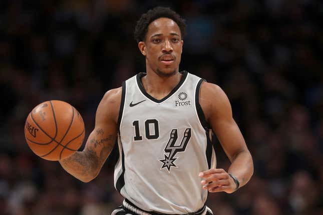 Demar DeRozan #10 of the San Antonio Spurs on April 13, 2019 in Denver, Colorado. 