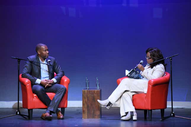 Ta-Nehisi Coates and Oprah Winfrey at the World Famous Apollo Theater on the occasion of the launch of Coates’s first novel, The Water Dancer, Sept. 23, 2019. 