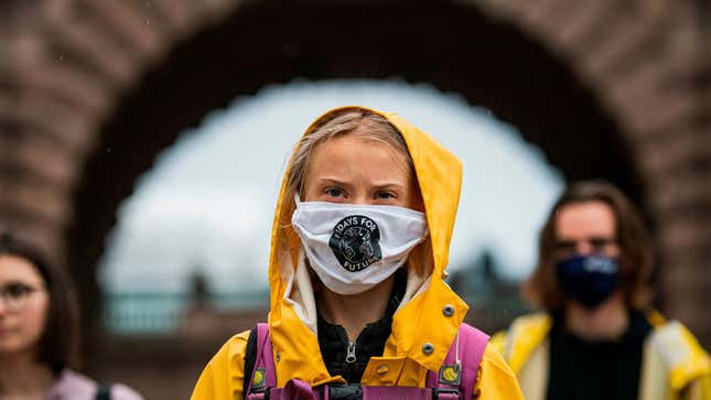 Swedish climate activist Greta Thunberg protests during a protest in front of the Swedish Parliament.