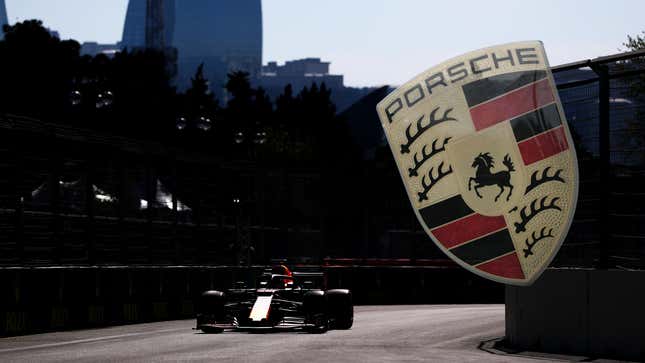 The Red Bull car of Max Verstappen along with a Porsche logo, because Porsche isn’t in F1 and we needed an F1 car. 