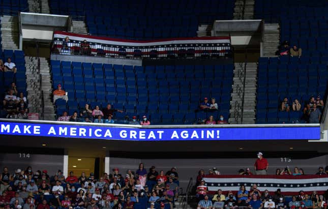 The upper section of the arena is seen partially empty as US President Donald Trump speaks during a campaign rally at the BOK Center on June 20, 2020 in Tulsa, Oklahoma