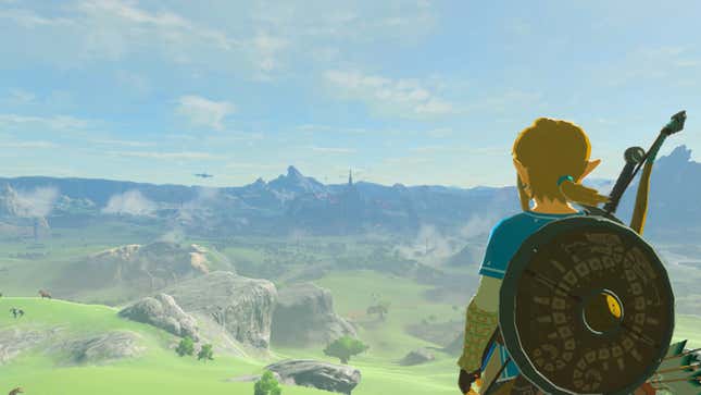 Link looks off at the mountains. 