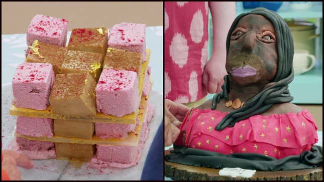 Left: A sagging cube cake. Right: Lupita Nyong'o cake from episode 1