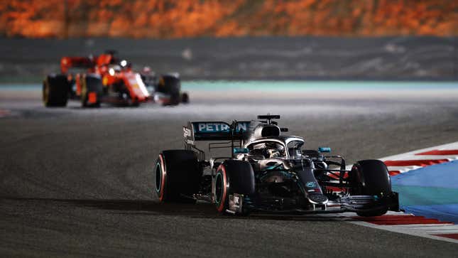 Lewis Hamilton leading Sebastian Vettel at the Bahrain Grand Prix. 