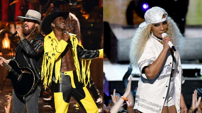 (L-R): Billy Ray Cyrus &amp; Lil Nas X and Mary J. Blige perform onstage at the 2019 BET Awards on June 23, 2019 in Los Angeles, California. 