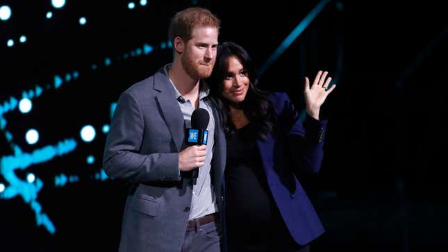 Prince Harry, Duke of Sussex and Meghan, Duchess of Sussex speak on stage during WE Day UK 2019 on March 06, 2019 in London, England.