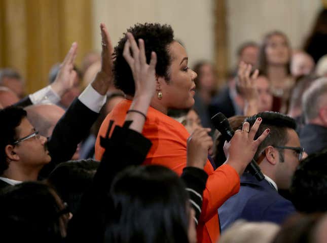 Yamiche Alcindor of PBS NewsHour asks a question to U.S. President Donald Trump after remarks by the President a day after the midterm elections on November 7, 2018 in the East Room of the White House.