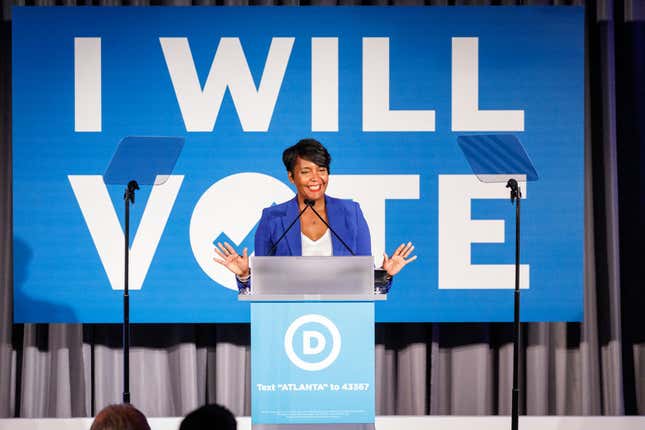  Atlanta Mayor Keisha Lance Bottoms speaks to a crowd at a Democratic National Committee event at Flourish on June 6, 2019 in Atlanta, Georgia.