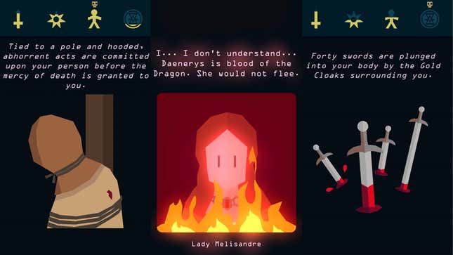 Some of the grim fates that met Game of Thrones’ cast of characters thanks to a swipe of my fingers in Reigns: Game of Thrones.