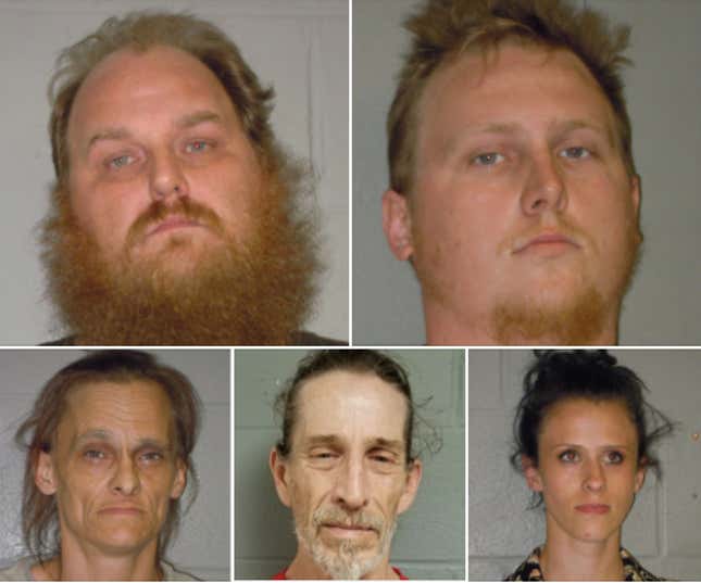 Top row: Donny Salyers, Dennis Salyers. Bottom row: Farrah Salyers, Christopher Sharp, Amanda Salyers have since been arrested and charged with a hate crime for an attack in Virginia on June 1. 