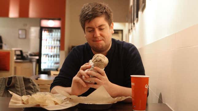 Gerrit, moments before entering a brief, fleeting world where nothing at all matters except for a giant chicken burrito.