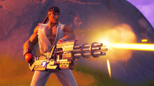 Ryu shooting a giant minigun. (Screenshot used with permission.) 