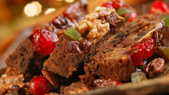 Fruitcake on a decorative holiday plate