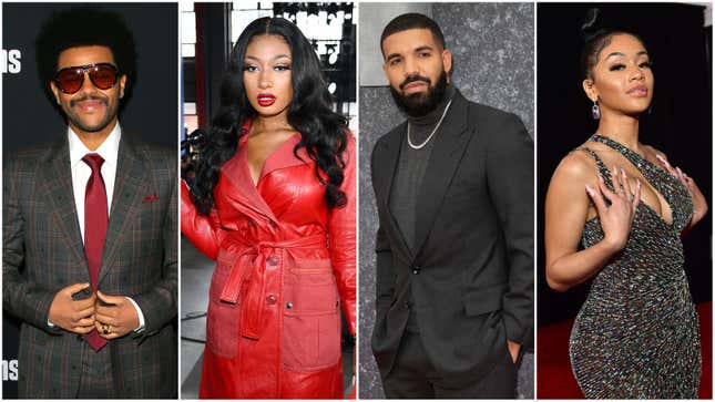 The Weeknd, left; Megan Thee Stallion; Drake; Saweetie