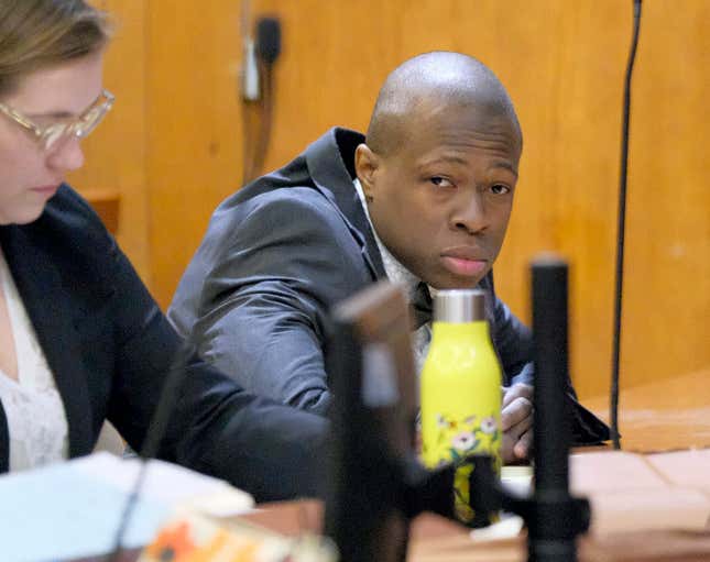 Chanel Lewis appears in court during his retrial in New York, Wednesday, March 20, 2019. Lewis is accused of killing a woman who was attacked while running near her family’s New York City home. 