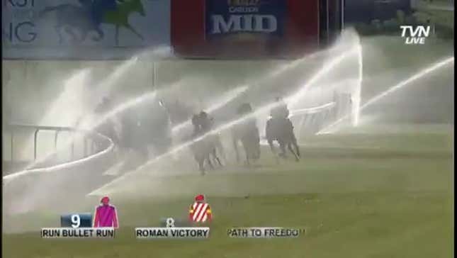 Australian Horse Race Interrupted By Sprinklers