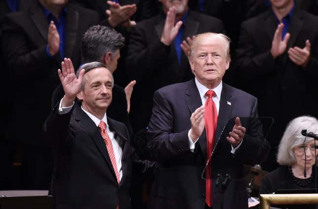 President Donald Trump and Pastor Robert Jeffress participate in the Celebrate Freedom Rally at the John F. Kennedy Center for the Performing Arts on July 1, 2017, in Washington, D.C.