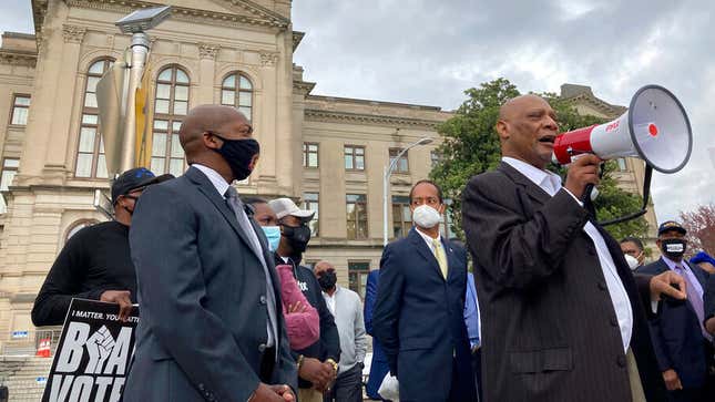 African Methodist Episcopal Church Bishop Reginald Jackson outside the Georgia Capitol on Thursday, March 25, 2021 in Atlanta.