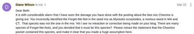 Part of the first email I received from Diane Wilson.