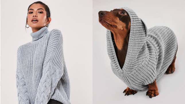 Gray Roll Neck Cable Knit Sleeve Sweater, $42
Gray Rib-Knitted Dog Hoodie, $20