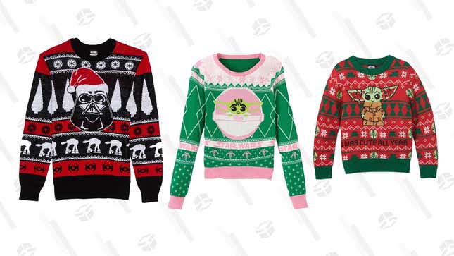 Toddler Baby Yoda Ugly Holiday Sweater | $12 | Target
Girls’ Baby Yoda Fair Isle Pullover Sweater | $14 | Target
Darth Vader Merry Sithmas Ugly Holiday Sweater | $21 | Target