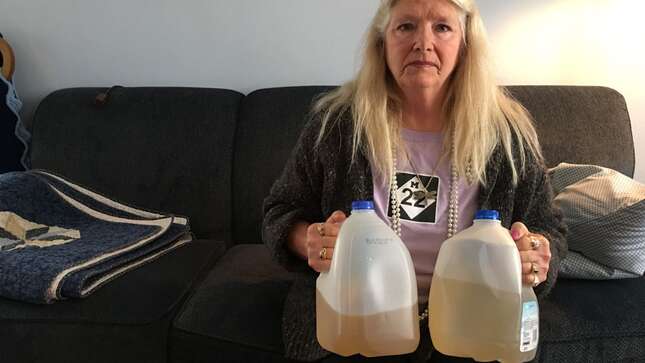 Gladyes Williamson holds up two water jugs full of water from the tap at her Flint home. Photo: Ryan Felton