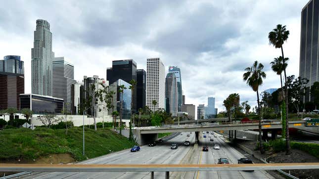 Little traffic is seen on the 110 freeway in Los Angeles during a normally busy Friday rush hour commute on April 10, 2020 in California, where the Stay-At-Home order has been extended from April 19 to May 15 amid the coronavirus pandemic. 