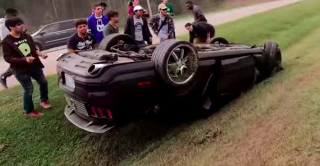 Image for article titled Another Ford Mustang Crashes Peeling Out Of A Cars And Coffee And It&#39;s Not Pretty