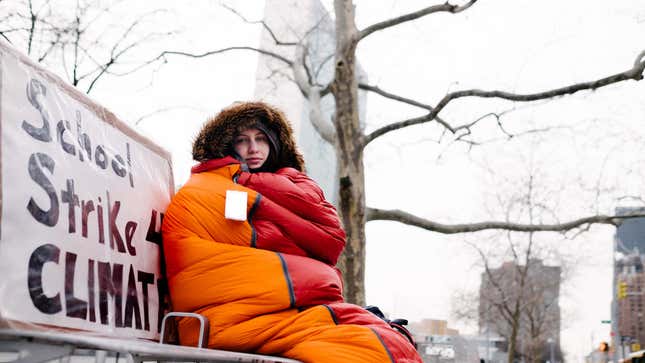 Alexandria Villasenor braves the cold to protest climate inaction in front of the United Nations.