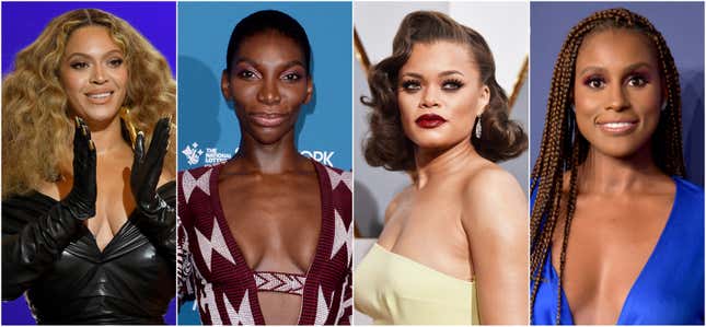 Beyoncé accepts the Best Rap Performance award during the 63rd Annual GRAMMY Awards on March 14, 2021 in Los Angeles, California; Michaela Coel at the 21st British Independent Film Awards on December 02, 2018 in London, England; Andra Day at the 88th Annual Academy Awards on February 28, 2016 in Hollywood, California; Issa Rae at The 23rd Annual Webby Awards on May 13, 2019.