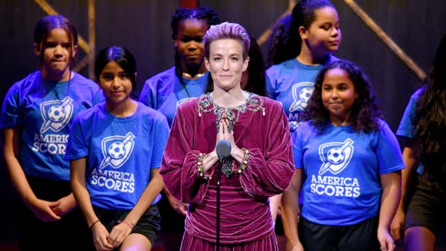 Megan Rapinoe speaks alongside the Mott Hall girls soccer team at the 2019 Glamour Women of the Year Awards on Nov. 11, 2019, in New York City.